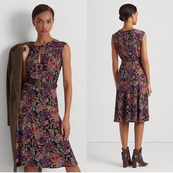Lauren by Ralph Lauren Belted Crepe Floral Pattern Midi Dress Black Combo NWT 16 - Picture 9 of 14